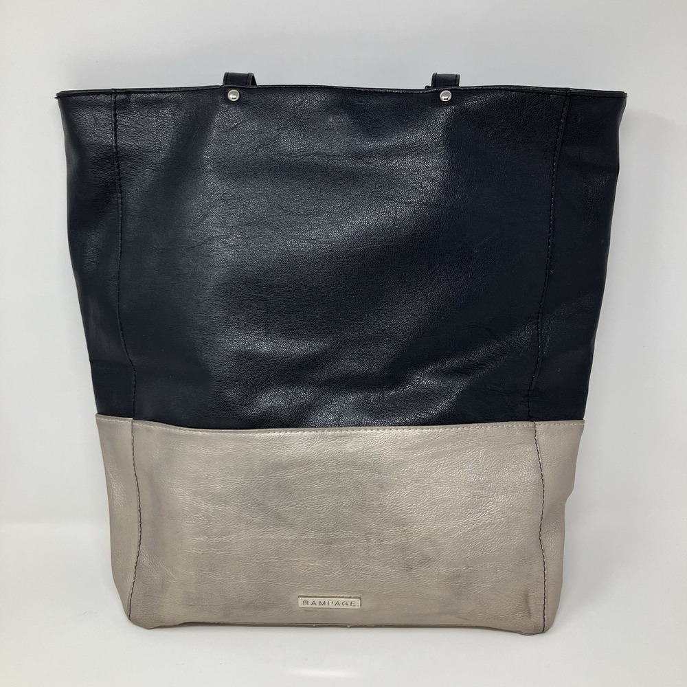RAMPAGE Large Tote Bag Faux Leather Colorblock Black Beige Metallic Silver